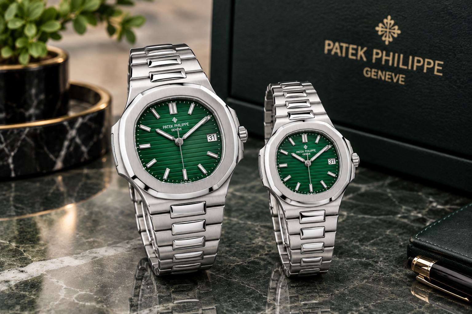 ست ساعت مردانه و زنانه Patek Philippe Nautilus صفحه سبز بند سیلور- قسطی